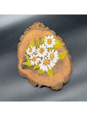 Hand Painted Daisies On Live Edge Wood Slice Rustic Decor White Flowers Vintage
